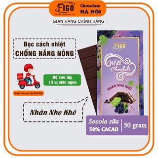 [Chính hãng] Socola sữa 50% Cacao Figo thanh 50gr | Milk Chocolate 50% Cacao nhân Nho khô thơm đậm đà, ĂN LÀ NGHIỀN