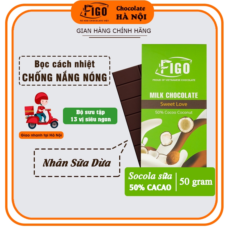 [Chính hãng] Socola sữa 50% Cacao Figo nhân Sữa Dừa | Milk Chocolate Coconut Thương hiệu ChocolateFi