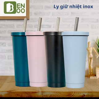 Ly giữ nhiệt trơn màu hai lớp giữ nhiệt kèm ống hút inox an toàn với sức khỏe, đế lót cao su chống trơn dung tích 750ml