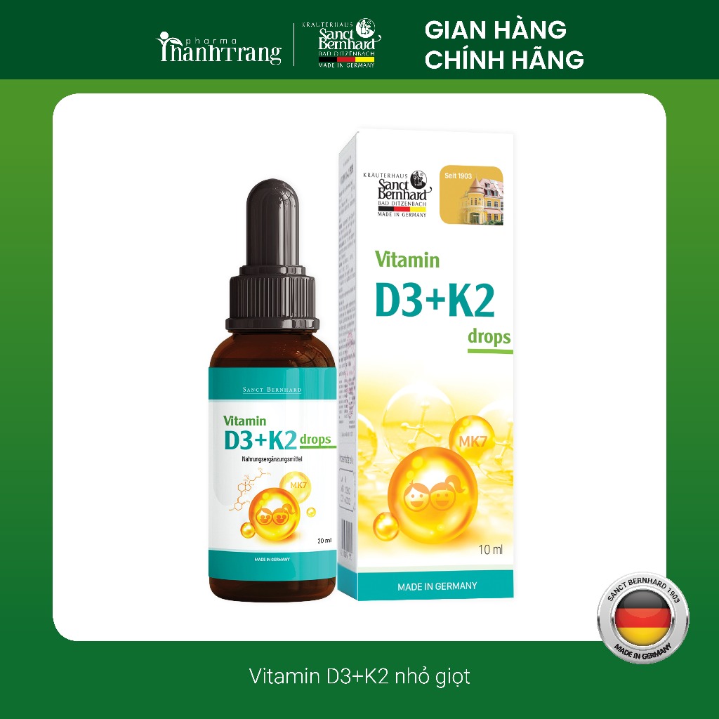 Vitamin D3 K2 MK7 tăng chiều cao cho bé, hấp thu Canxi trong 1 giọt, chống còi xương - Sanct Bernhard Đức