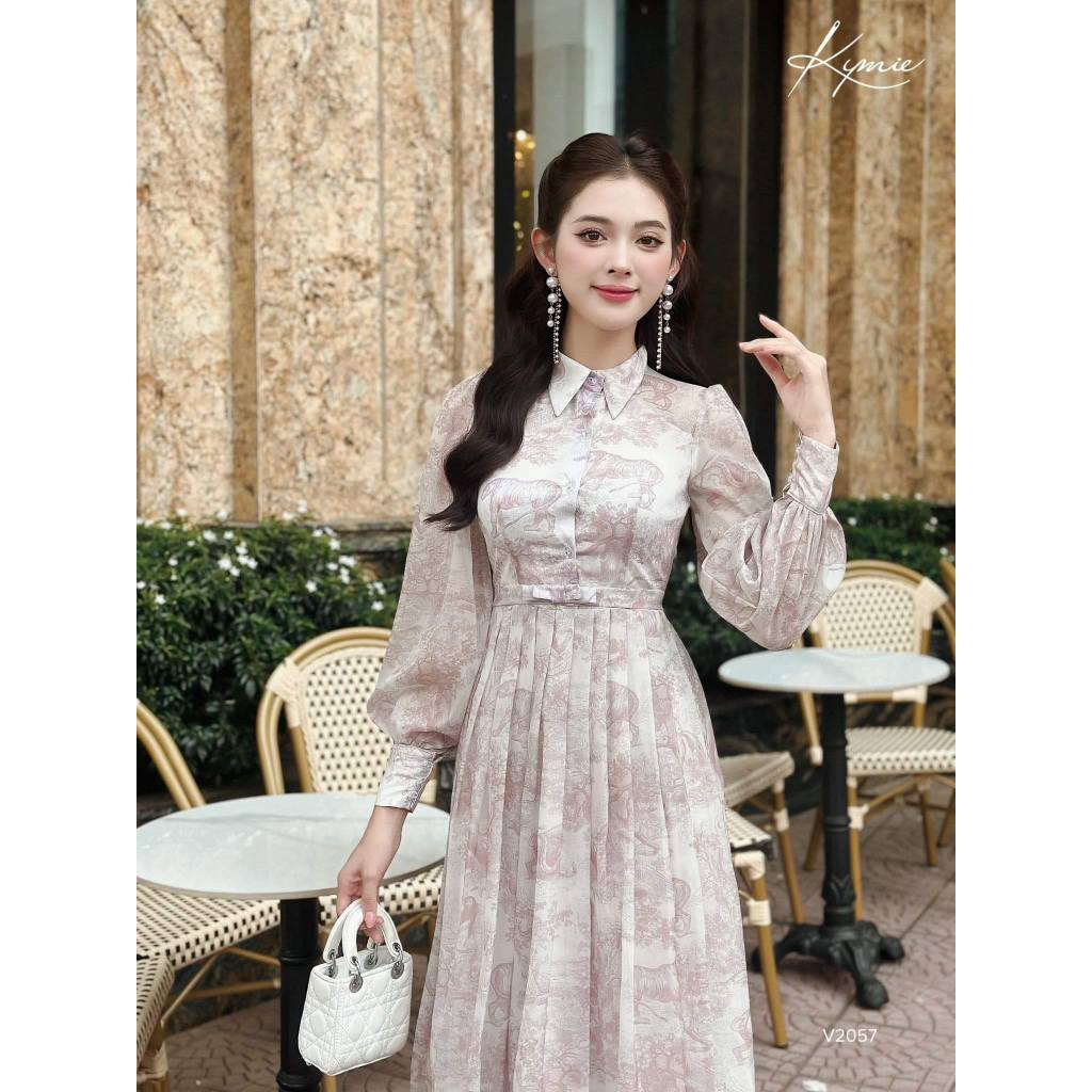 Váy hoa cổ đức chân dập ly nơ eo V2057 Kymie