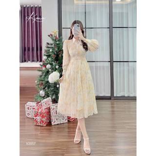 Váy hoa cổ đức chân dập ly nơ eo V2057 Kymie