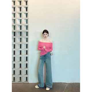 Set áo trễ vai gần hồng tay dài nhún thân + quần suông culottes jean xanh