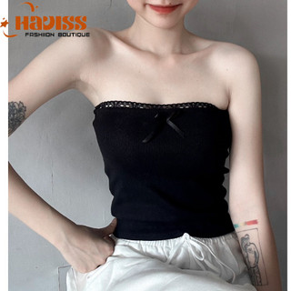 Áo quây ngực Haviss không đệm thun trơn viền ren đính nơ nhỏ croptop dáng ôm màu đen trắng hồng đỏ dáng trơn không dây