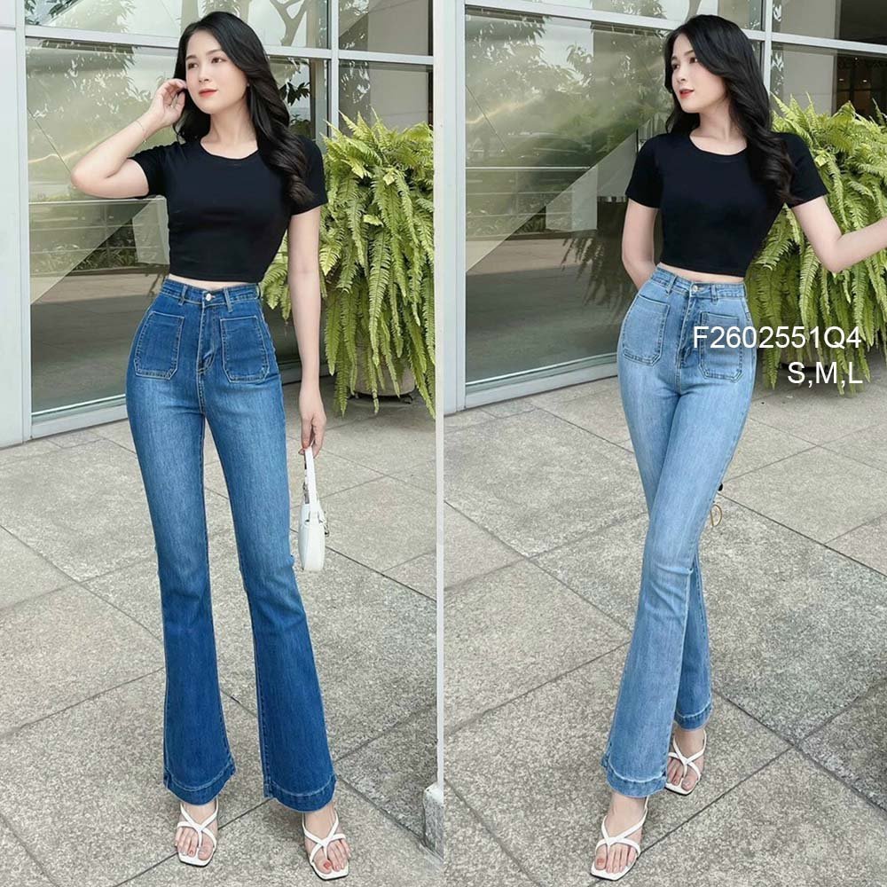 Quần jean dáng dài ống loe lưng cao 2 nút gài khoen CD tôn dáng!