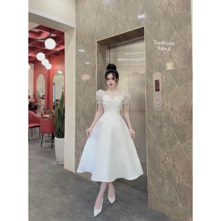 Đầm xòe công chúa đi cưới, đầm tapda cổ trái tim đính cườm tay voan phồng, đầm tiểu thư dáng dài sang chảnh dx