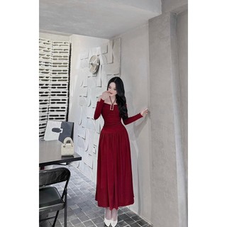 Đầm thời trang nữđầm tăm lạnh trễ vai tay dài cổ yếm cột dây,đầm suông dài qua gối bẹt vai xoắn ngực đi tiệc sang chảnh