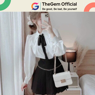 Áo sơ mi phối dây nơ đen tiểu thư The Gem