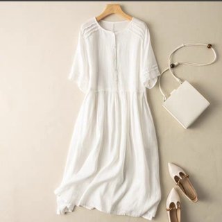 Đầm đũi màu trắng cổ tròn đầm dài đến đầu gối thanh lịch, kín đáo da197