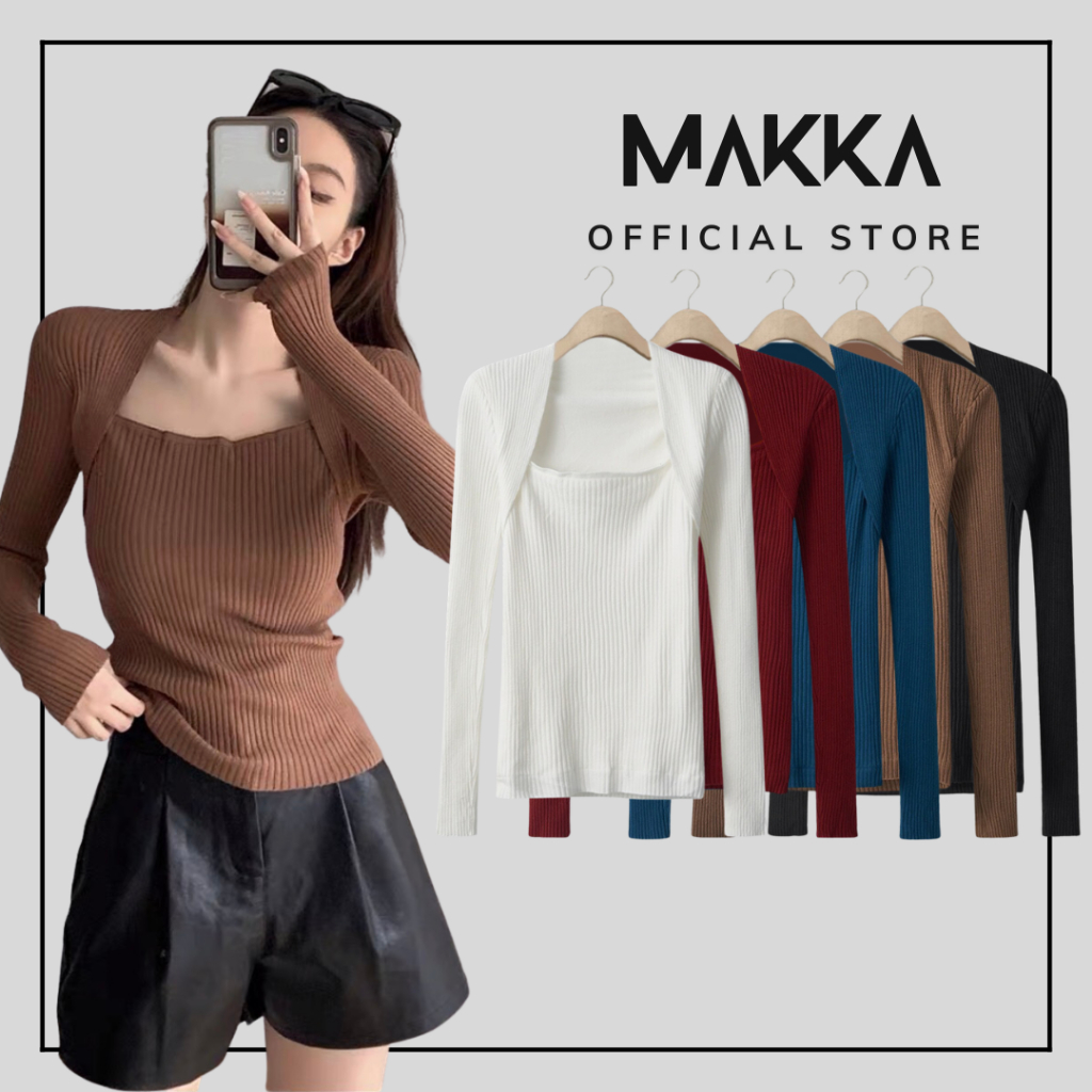 Áo len cổ vuông thời trang MAKKA áo len tăm dệt kim dài tay 3429