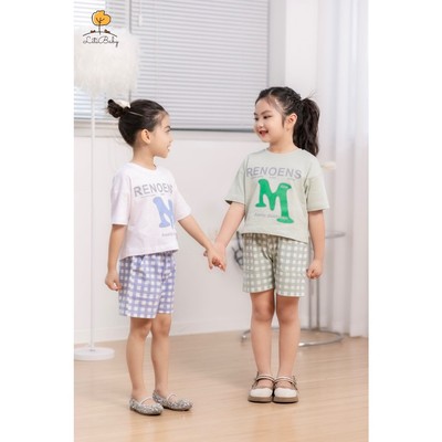 Bộ ngắn tay mùa hè LITIBABY bé gái áo crotop quần kẻ cho bạn 12kg - 42kg