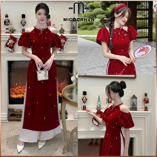 [ Hàng loại 1] Áo Dài nữ trễ vai, hở vai tay bồng, cổ ngọc đính đá, Áo dài nhung chất liệu Nhung cao cấp chuẩn form CS2