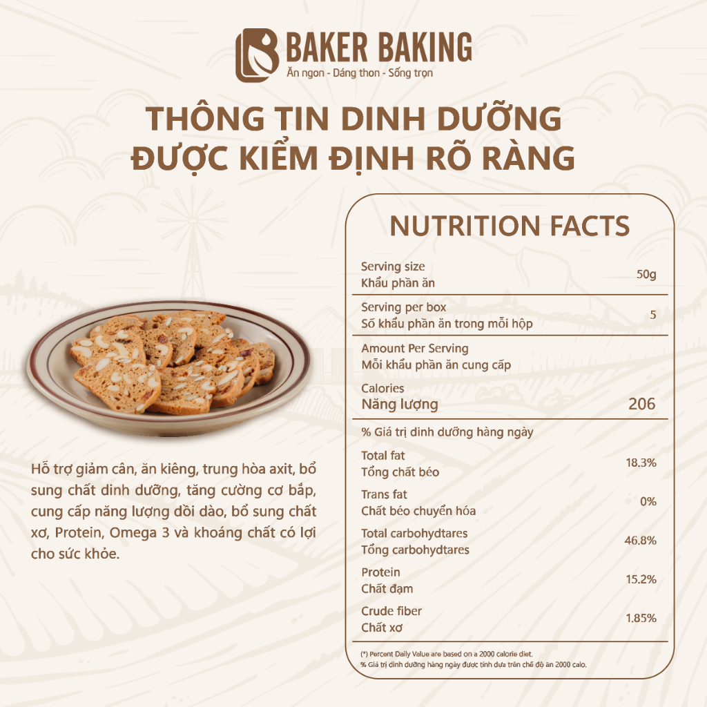 Bánh biscotti ăn kiêng vị chuối yến mạch Baker Baking không đường cho mẹ bầu, người tiểu đường, healthy eatclean ăn vặt