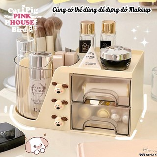 Kệ đựng dụng cụ học tập phụ kiện và mỹ phẩm sticker cún con kèm hộp xay trong suốt có chân dễ thương