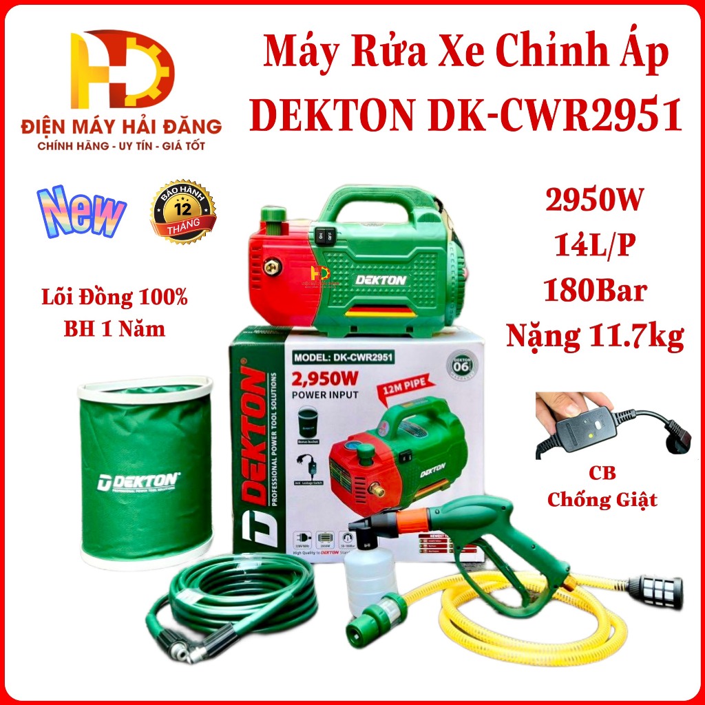 Máy rửa xe có chỉnh áp Dekton DK-CWR2951.Công Suất 2950W. Dây Dài 12M Moto từ.lõi đồng 100%.Bảo Hành