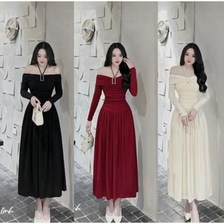 Đầm tăm trễ vai đính đá nhún eo dáng dài xòe chất dày dặn co dãn