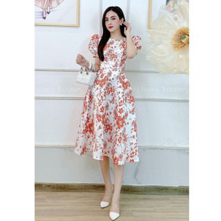 Đầm cổ tròn tay chuông hoa đỏ nền trắng LEOSWEARING B78