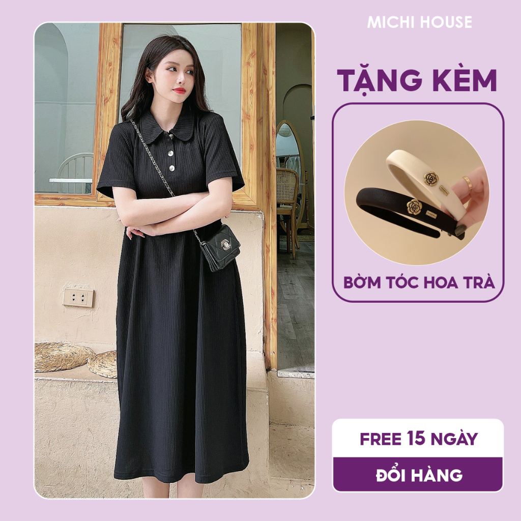 Váy Thun Xuông Cổ Polo MICHI House Đầm Suông Dáng Dài Qua Gối Freesize Che Khuyết Điểm Tốt V436