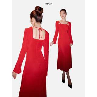Đầm thun nữ dài cổ rút nhún tay loe mềm mại tôn dáng MIEU - LJ04