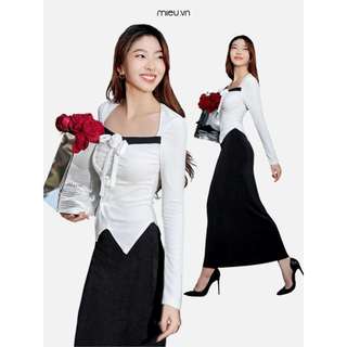 Áo thun tay dài nhún ngực đính hoa MIEU - LJ09