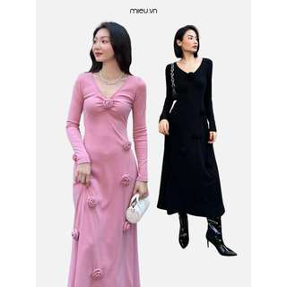 Đầm nữ dài chất thun gân đính hoa nữ tính MIEU - LJ10