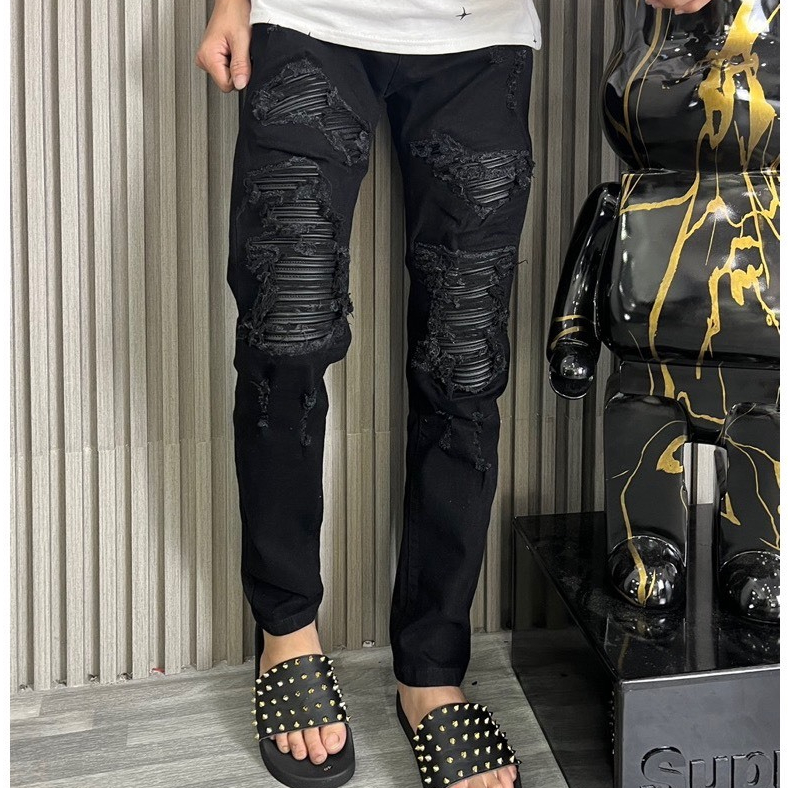 Quần jean nam mẫu mới cao cấp  vá da đen trẻ trung sang trọng thanh lịch