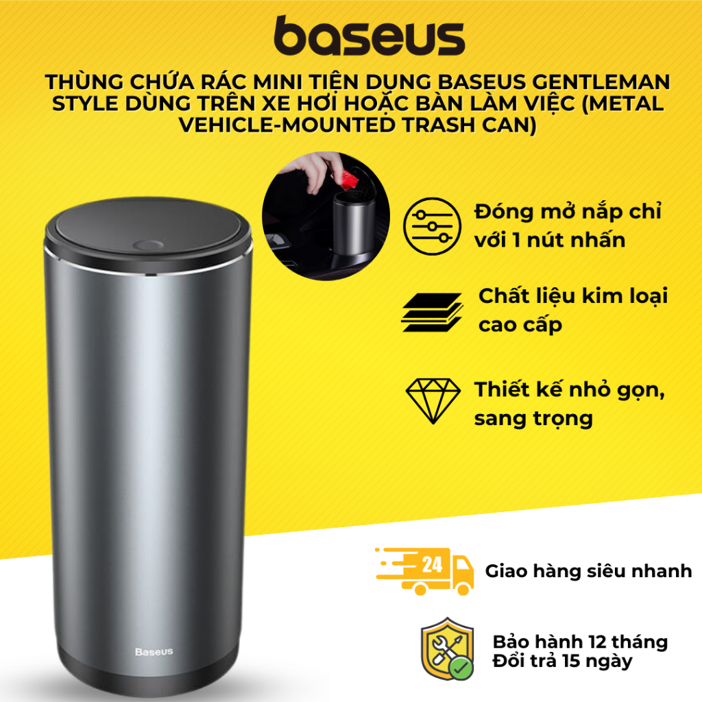 Thùng chứa rác Mini tiện dụng Baseus Gentleman Style dùng trên xe hơi hoặc bàn làm việc, chất liệu kim loại chắc chắn