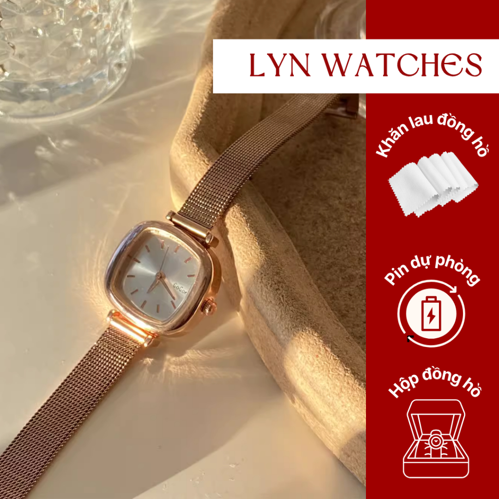 Đồng hồ nữ ulzzang dây kim loại mặt vuông Lyn Watches chính hãng kiểu dáng basic thời trang hàn quốc nữ tính