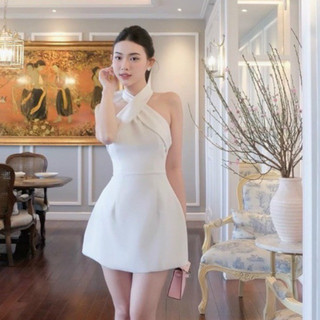 Đầm cổ yếm chéo phối dây cột nơ dáng chữ A cực tôn dáng cho nữ đi chơi dự tiệc sang chảnh phong cách tiểu thư