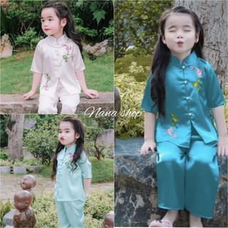 Bộ đồ lam bé gái/ Bộ đồ bé gái thêu cá chép hoa sen xinh xắn