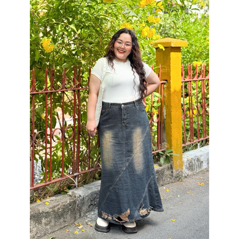 OOTD BIGSIZE | Váy jean đuôi cá dài rách bụi