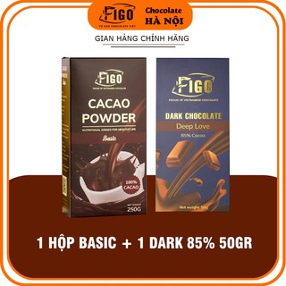 Combo 1 Hộp Dark Chocolate 85%+1 Bột Cacao nguyên chất 100% Cacao FIGO, Socola đen nguyên chất 85% it đường 50gr