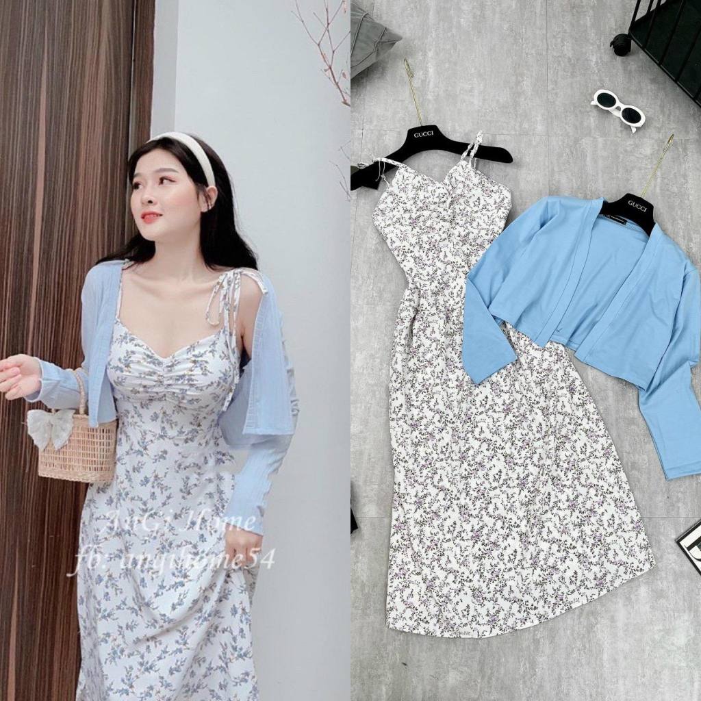 Set đầm lụa hoa 2 dây nhún ngực kèm áo khoác thiết kế nhẹ nhàng xinh xắn