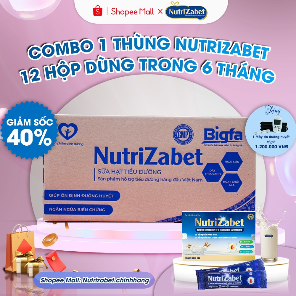 Thùng Sữa Hạt Nutrizabet 12 Hộp (30 Gói/Hộp) , Giúp Ổn Định Đường Huyết, Ngăn Ngừa Biến Chứng, Tăng Cường Đề Kháng