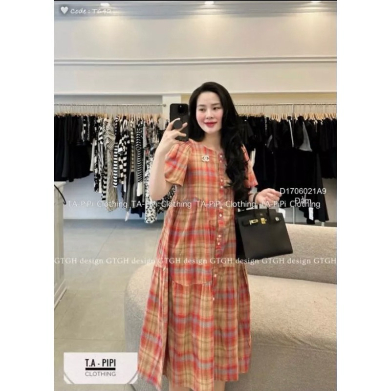 Váy bầu cộc tay công sở sang chảnh kẻ cam V26