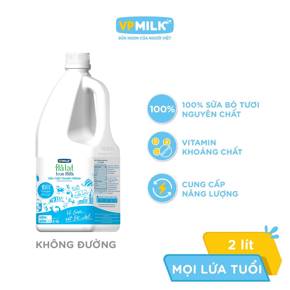 [VẬN CHUYỂN 2H TPHCM] Sữa tươi thanh trùng VPMilk Đà Lạt True Milk KHÔNG ĐƯỜNG chai 2000ml