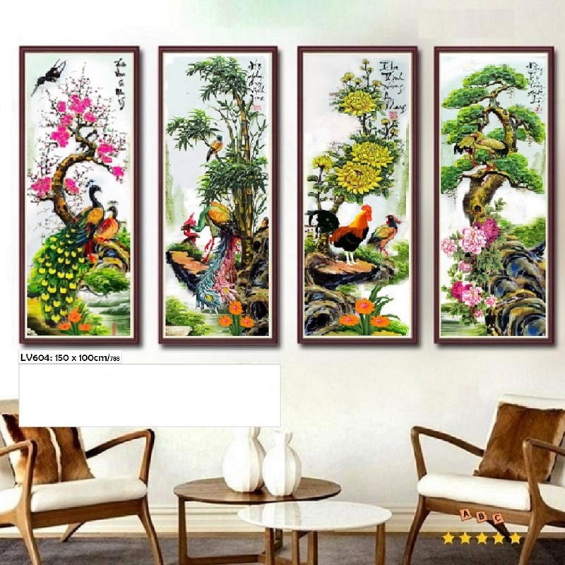 Tranh đính đá Tú quý Tùng Cúc Trúc Mai (tranh chưa đính đá)
