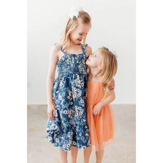 Váy maxi 2 dây hoa xanh smock ngực bé gái