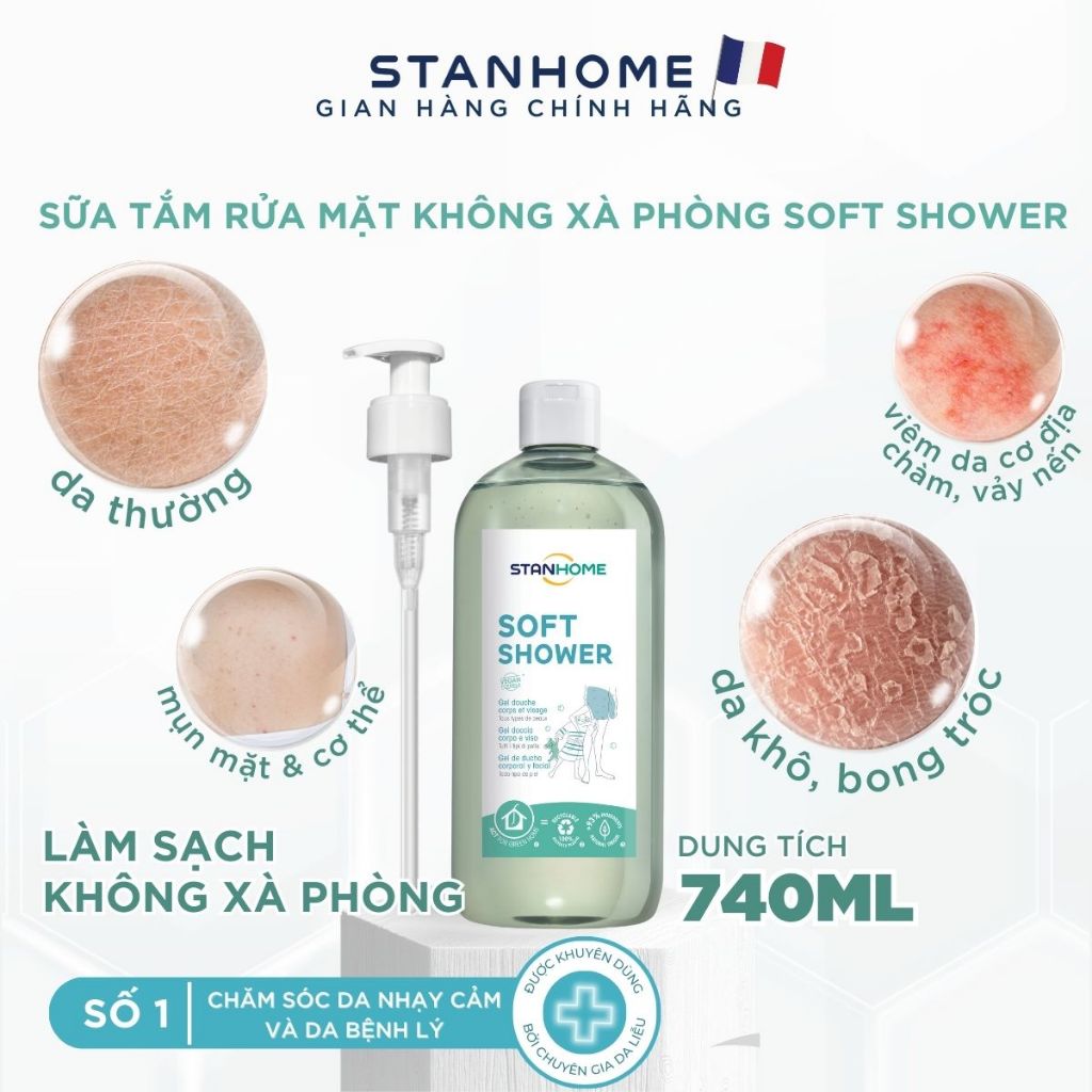Sữa tắm và rửa mặt cho da nhạy cảm Stanhome Soft Shower 740ml
