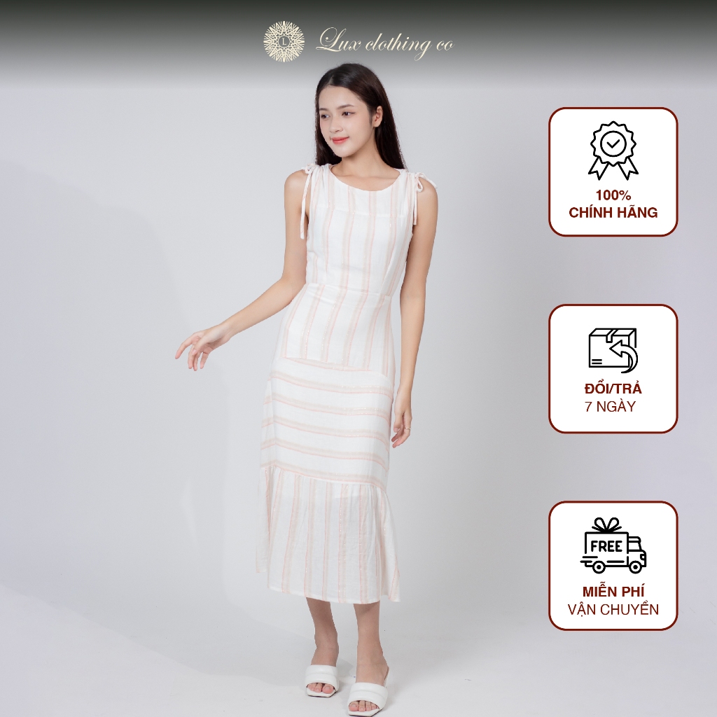 Đầm Nữ Kẻ Trắng dáng dài Nara Premium chất vải Rayon và Linen thương hiệu Lux Clothing