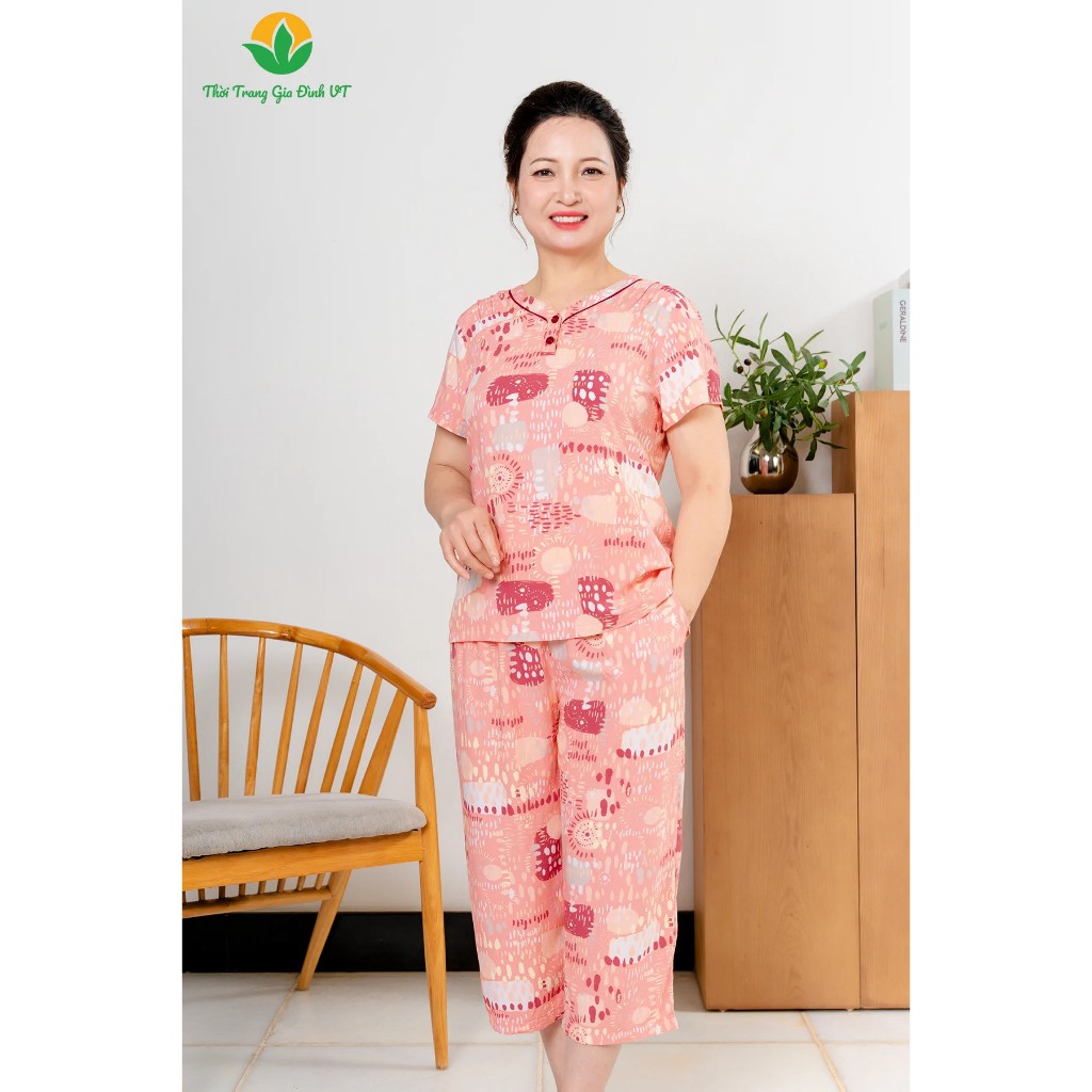 Bộ đồ mặc nhà trung niên lanh tole Việt Thắng, bộ lanh trung niên quần ống sớ rộng lửng cho mẹ và bà - B06.2420