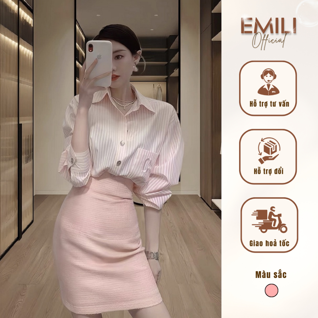 Áo sơ mi kẻ sọc Emili phối với chân váy công sở đi làm lịch sự [v267]