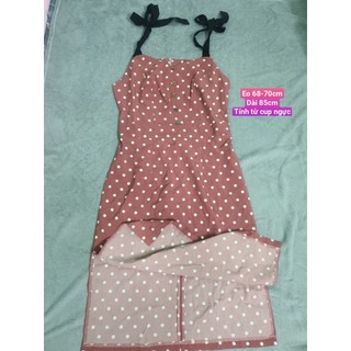 (Thanh lý 30k 90%) Đầm 2 dây chấm bi xẻ 2 bên đùi màu nâu đất