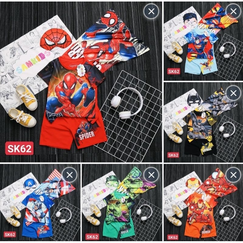 Bộ người nhện, người dơi, siêu nhân, người xanh, đội trưởng Mỹ, người sắt kèm choàng và mặt nạ