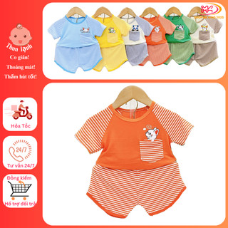 MK488 (6-16KG) Bộ áo cộc tay quần cộc sọc dệt phối túi in hình chất thun lạnh mỏng, mềm mát cho bé dưới 3 tuổi