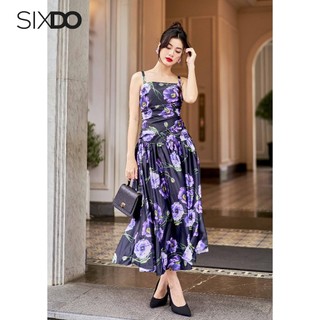 Đầm lụa midi dai dây hoa poppy SIXDO