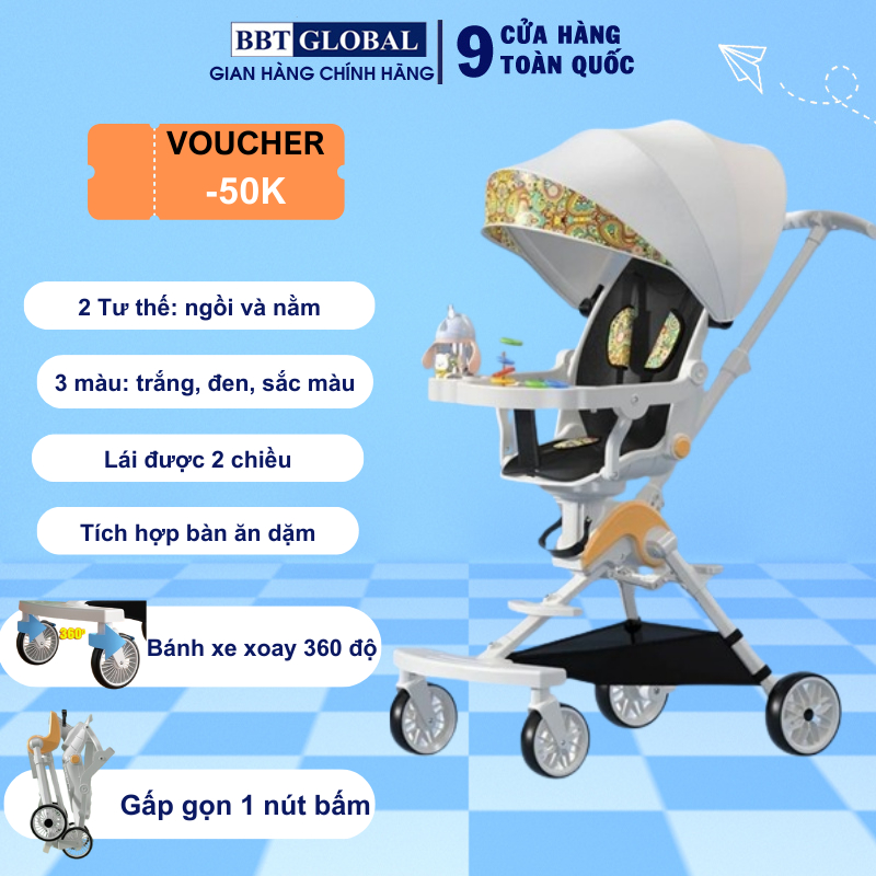 Xe đẩy gấp gọn cho bé xoay 360 độ có bàn và mái che XD306 KING KIDDY