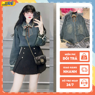 Áo sơ mi jean bò nữ phối viền ren Dài tay kèm cổ nơ Nâu cá tính C&H Clothing
