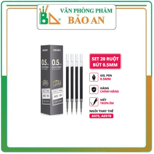 Combo 20 ruột bút gel S221 Deli 0.5mm dùng cho bút bi nước A575 không gai viết trơn tru-VPP Bảo An