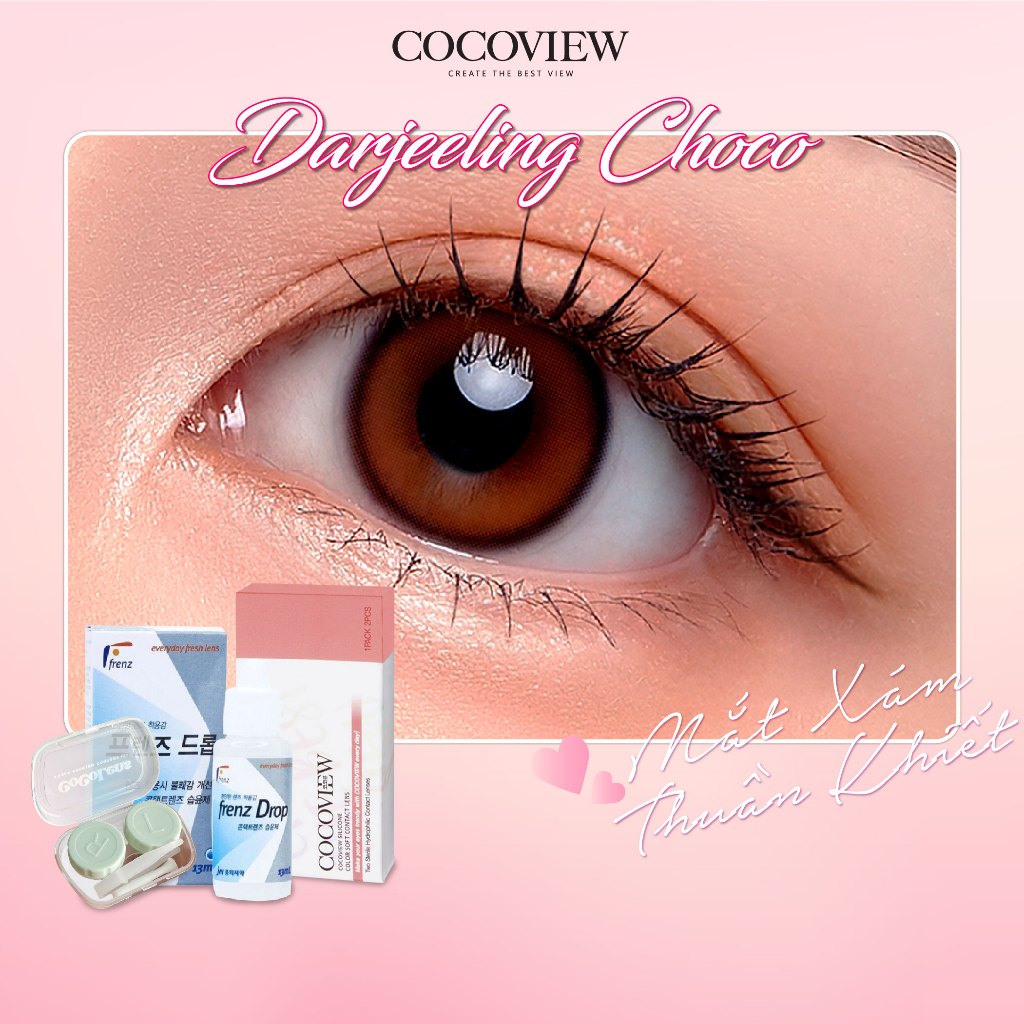 Combo Kính Áp Tròng Hàn Quốc COCOVIEW LENS DARJEELING CHOCO Nâu Tự Nhiên + Nước Nhỏ Mắt Cấp Ẩm Frenz Pro B5 13ml